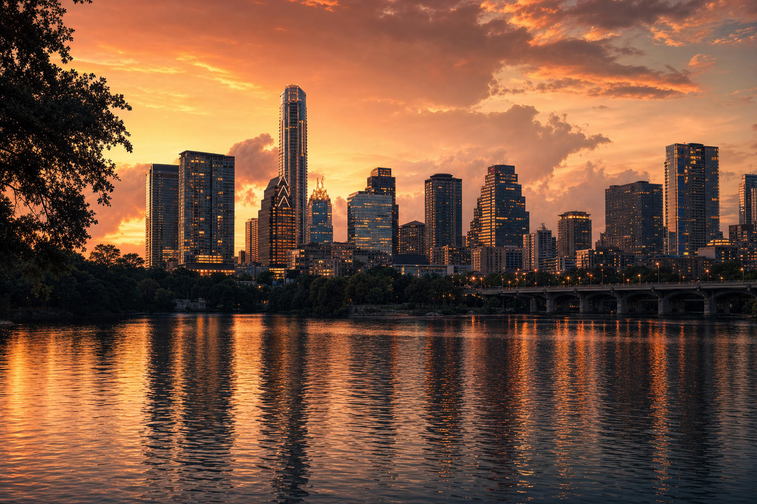 Austin skyline at golden-hour dusk reflected across Lady Bird Lake