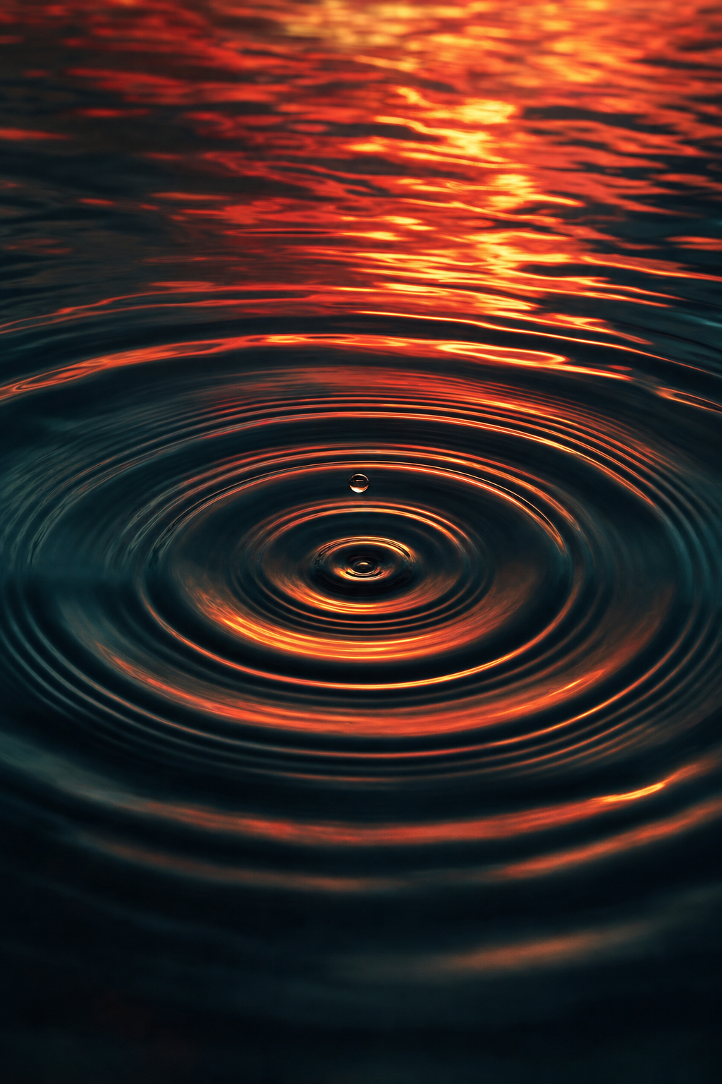 A single drop creating expanding ripples across dark water lit by warm coral and gold light
